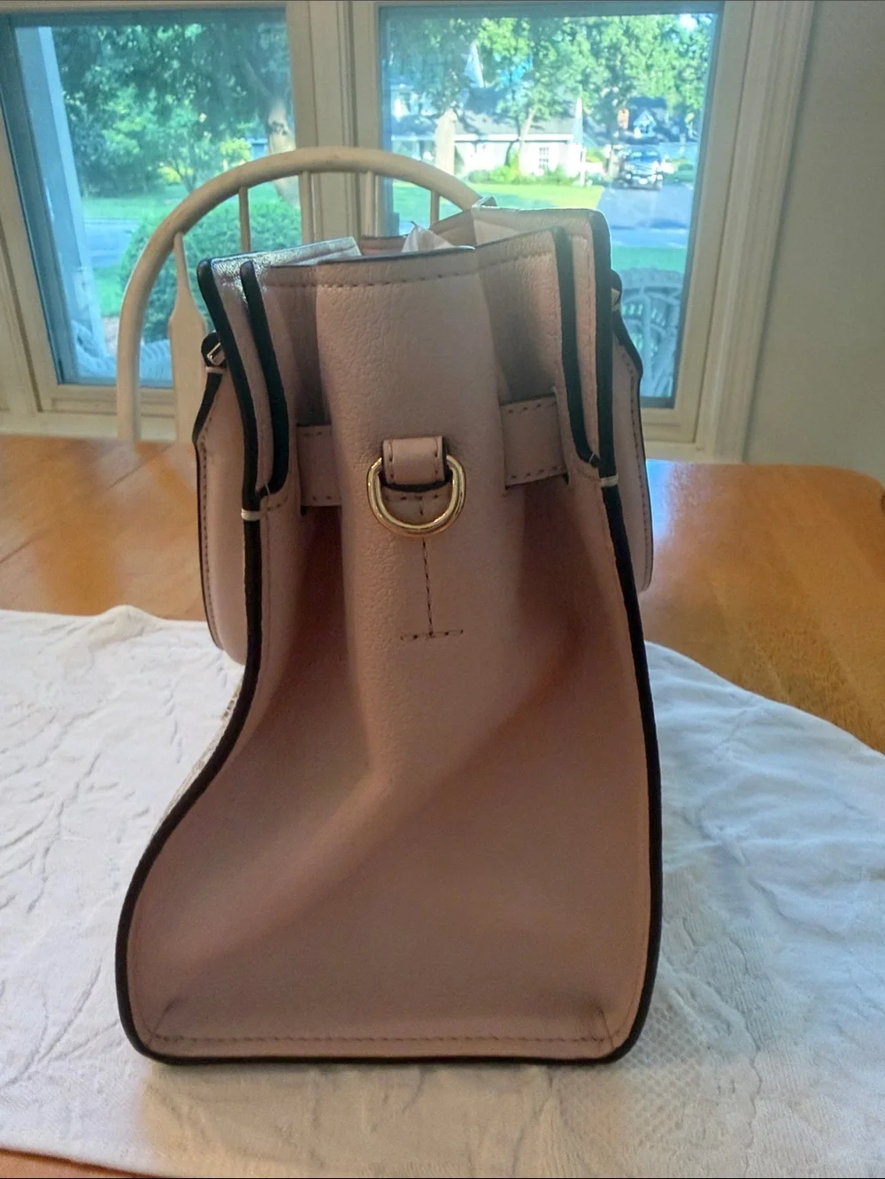 Michael Kors Beige MK Logo Satchel with Pink Trim and Gold Hardware